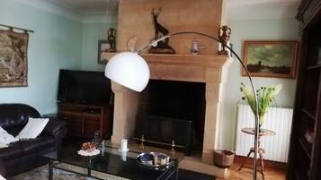 Télévision, cheminée, table de tennis de table, livres