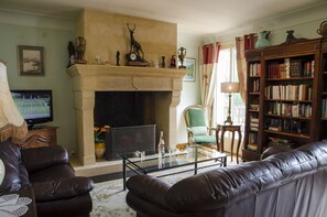 TV, fireplace, ping pong, books