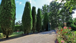 A gravel driveway leading to a gated entrance surrounded by tall, manicured trees and a variety of flowering plants.