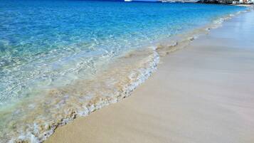 Una playa con aguas transparentes, una orilla arenosa y barcos a lo lejos.