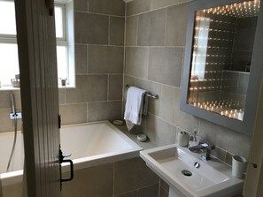 Combined shower/tub, hair dryer, towels, toilet paper