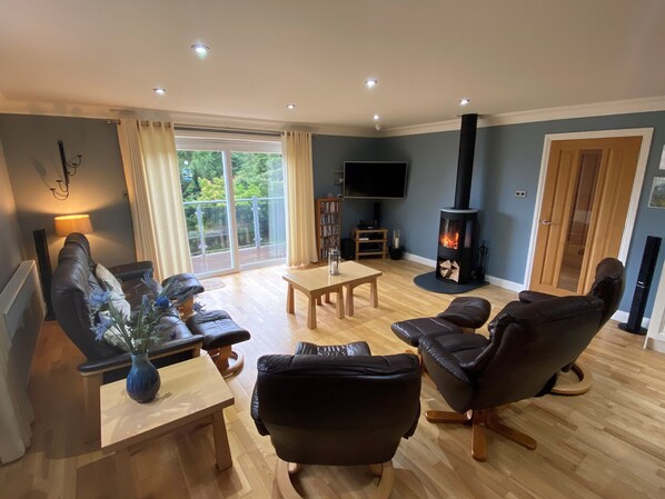 Smart TV, DVD player, books, music library