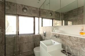 Combined shower/bathtub, hair dryer, towels, soap