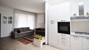 A modern apartment with a living area featuring a grey sofa, a small coffee table with a plant, and a colorful rug. The kitchen has white cabinets, a black oven, and a gas stove. - Elegant house with veranda - in the center of Rome, a stone's throw from S. Giovanni  (Roma)
