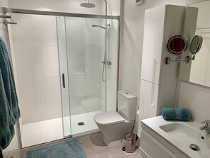 Regadera, secadora de cabello, toallas, papel de baño 