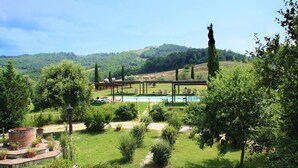 Zona de piscina con una pérgola, rodeada de vegetación exuberante y colinas al fondo.