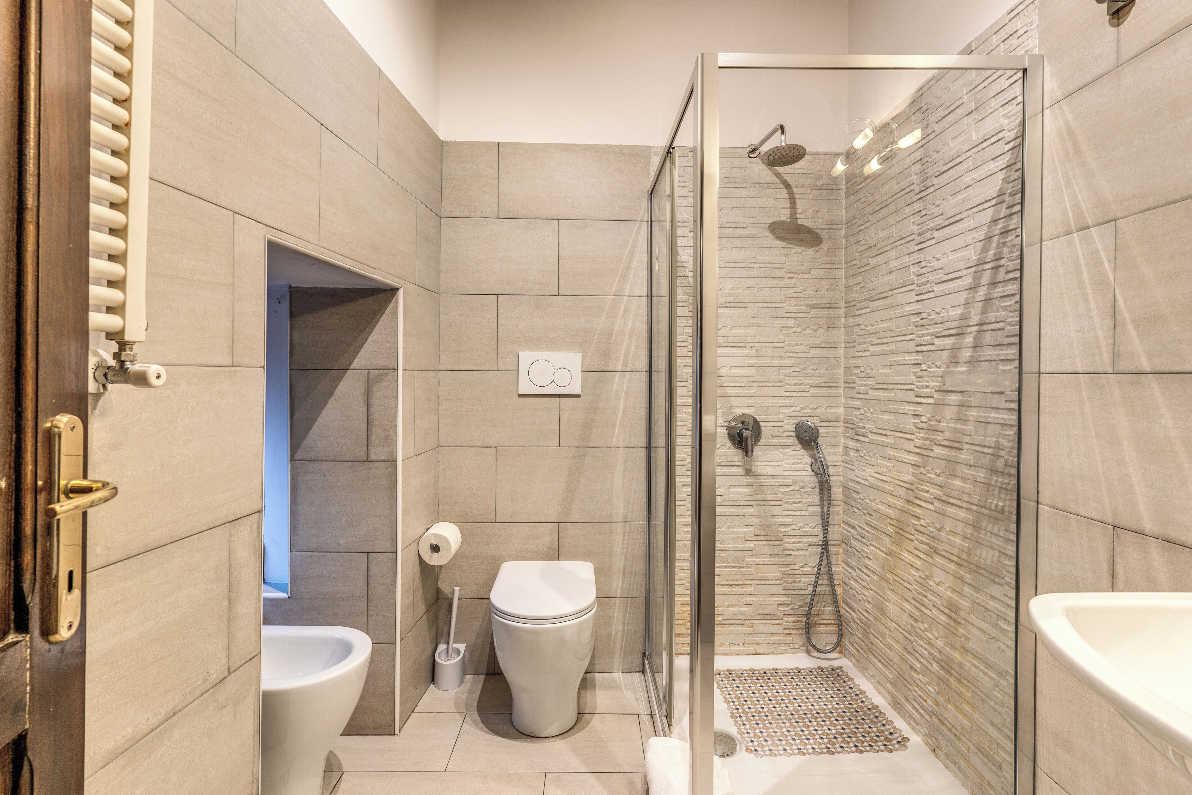 Shower, hair dryer, bidet, towels