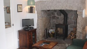 A living room with a stone fireplace, a television on a wooden cabinet, and green upholstered furniture.