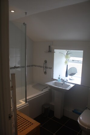 Combined shower/tub, hair dryer, towels, soap