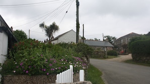 A residential street with houses, a white picket fence, and a garden with flowers.