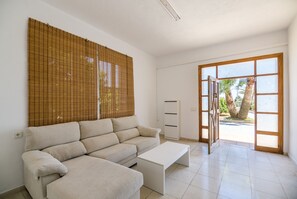 TV connectée, cheminée, livres, chaîne hi-fi