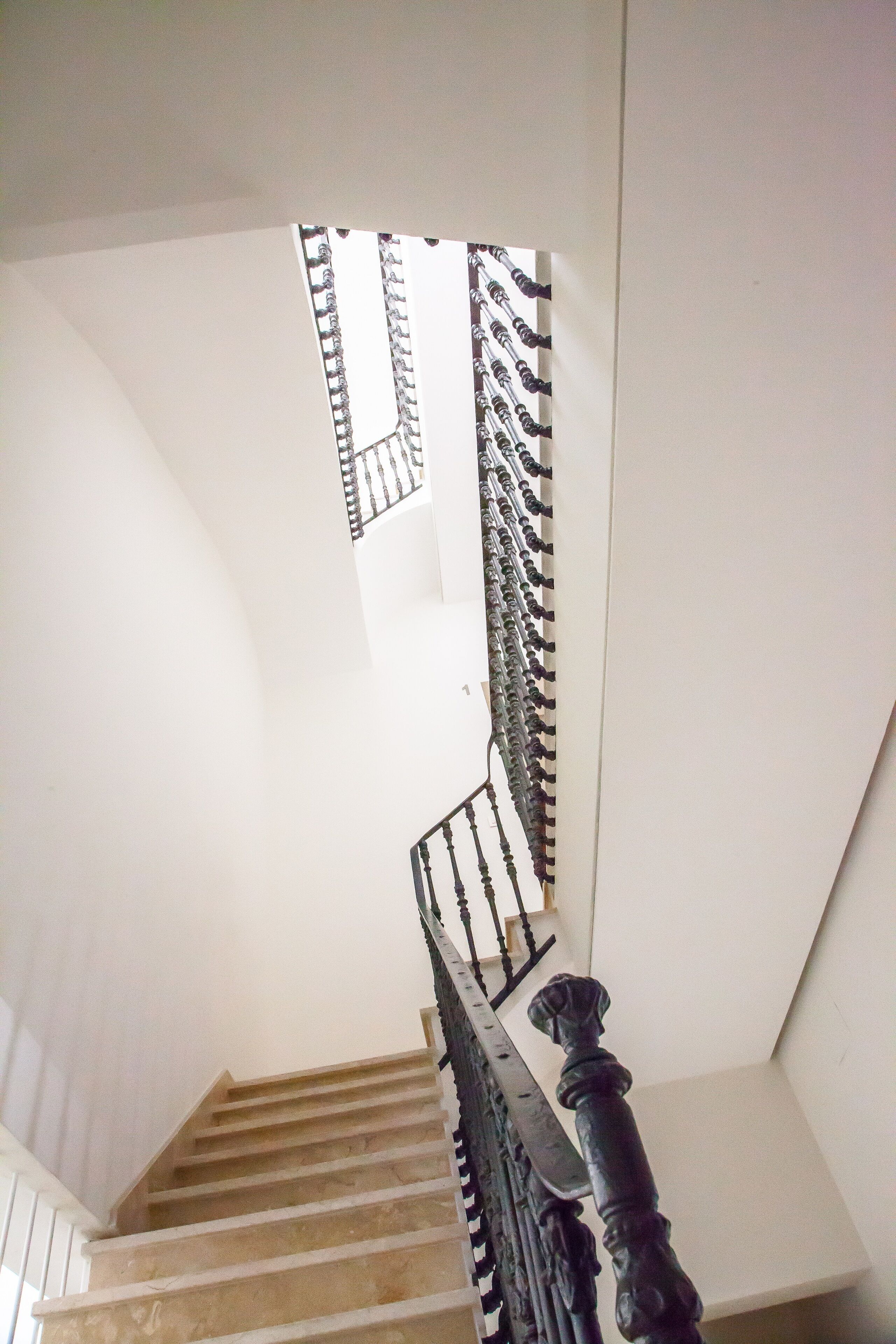 Un escalier avec une balustrade noire et un mur blanc.