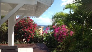 Un espacio al aire libre cubierto con terraza de madera, una silla de mimbre y coloridas flores de buganvilla rosa.