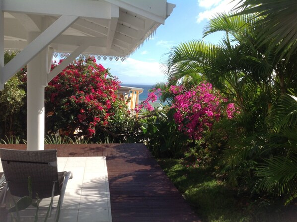 A covered outdoor area with a wooden deck, a wicker chair, and vibrant pink bougainvillea flowers.