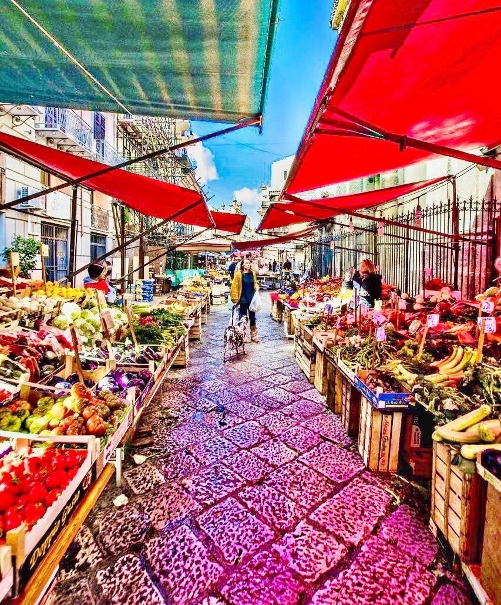 An outdoor market with stalls selling fruits and vegetables under red canopies.