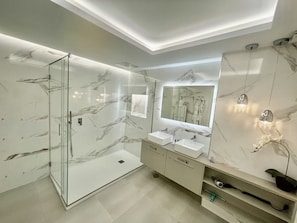Shower, towels, soap, shampoo