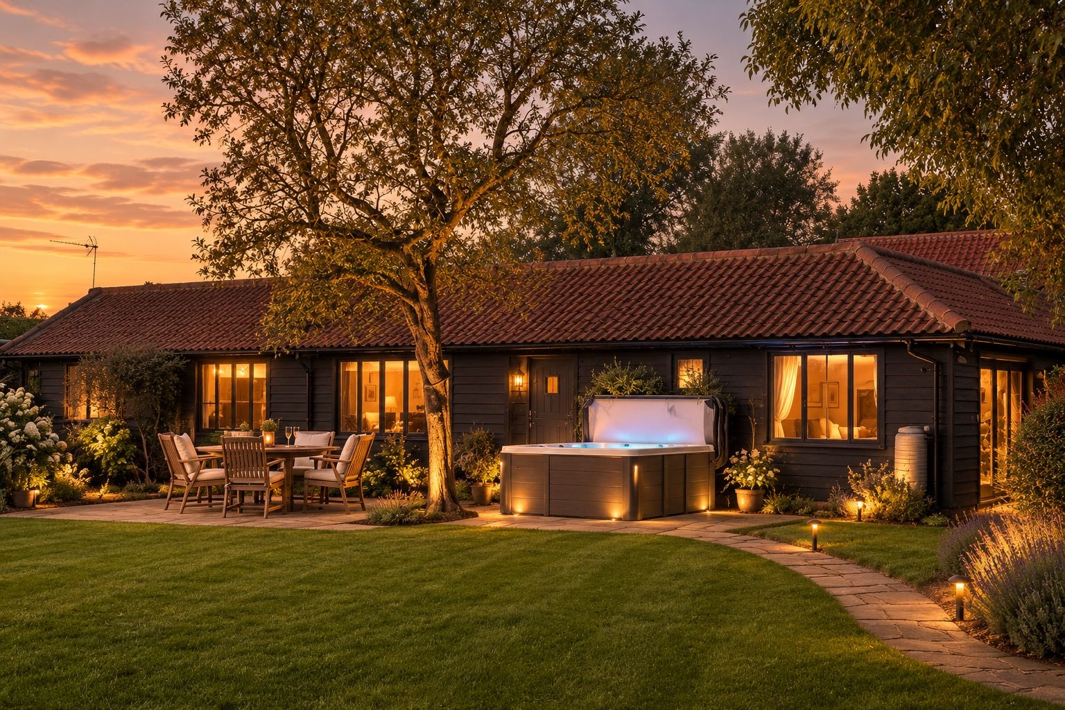 Une maison dotée d’un patio, d’un espace salon extérieur et d’un jacuzzi.