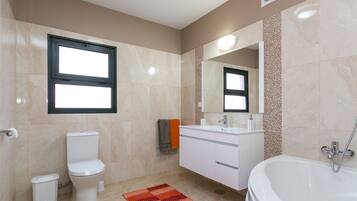 Combined shower/bathtub, hair dryer, bidet, towels