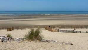 A beach with a wooden fence and sparse vegetation in the foreground.