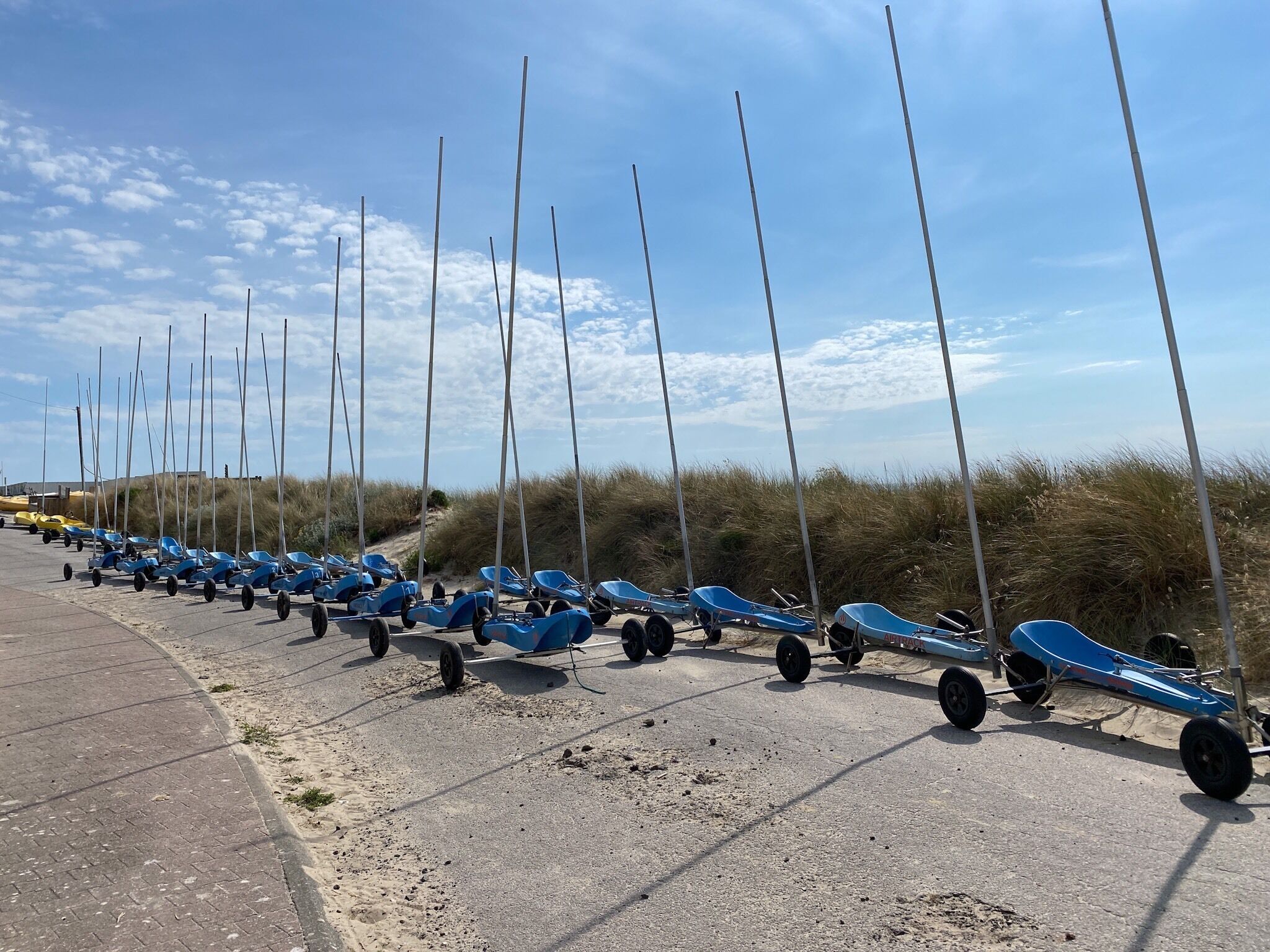 Een rij blauwe roeiboten op een verharde oever, met hoge palen, voor een achtergrond van duinen en een heldere lucht.
