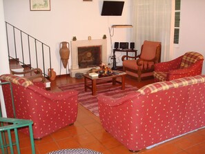 Smart TV, fireplace, DVD player, books