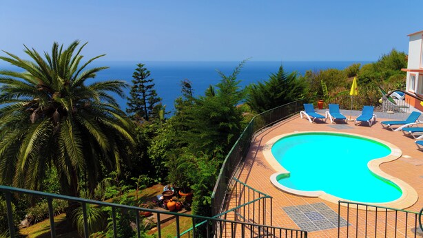 A swimming pool with blue water, surrounded by lounge chairs and palm trees, overlooking a clear blue sea. - Luxury villa by the sea with private pool, terrace and sea view (Calheta)
