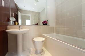 Combined shower/bathtub, hair dryer, towels, soap