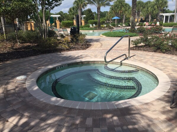 Outdoor pool, a heated pool, pool loungers