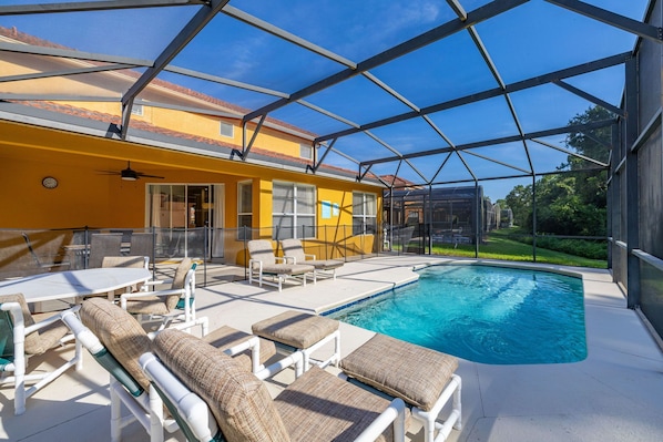 Outdoor pool, a heated pool, pool loungers