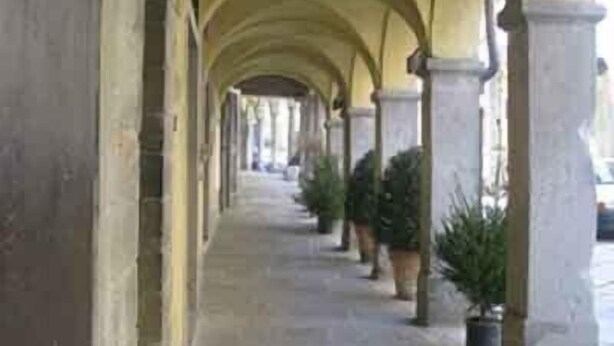 Un couloir bordé d’une série d’arches, doté d’un sol en pierre et agrémenté de plantes en pot.