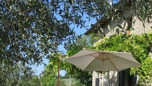 Un espace extérieur aménagé avec une table et des chaises, protégé par un grand parasol, entouré d’oliviers et bordé d’un bâtiment en pierre.