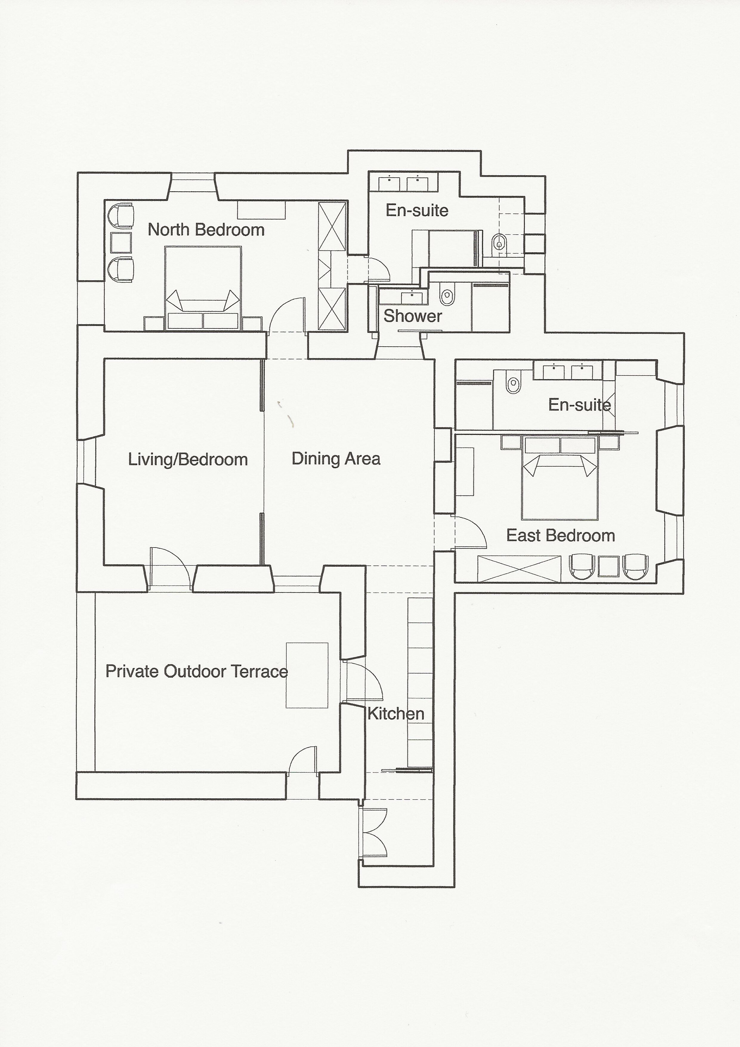 A floor plan with a North Bedroom, East Bedroom, Living/Bedroom, Dining Area, Private Outdoor Terrace, and Kitchen.