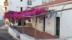 Un edificio blanco con tejado rojo, puerta verde y enredaderas de buganvilla rosadas.