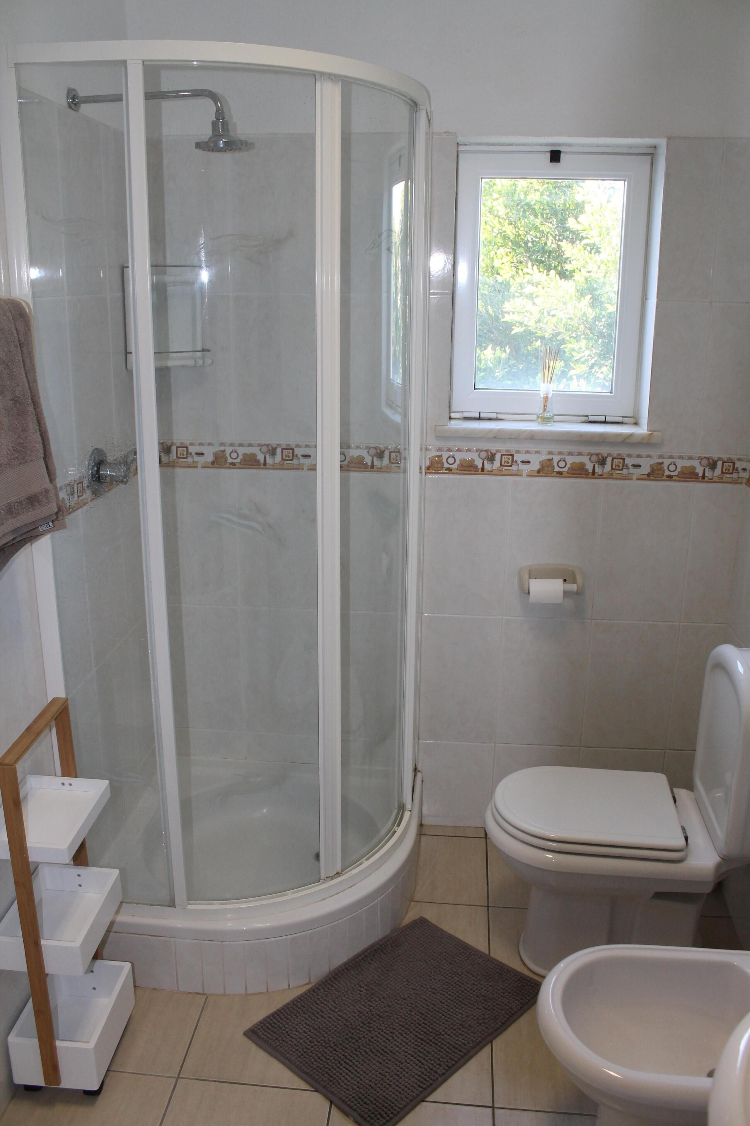 A bathroom with a glass-enclosed shower, a toilet, and a small window.