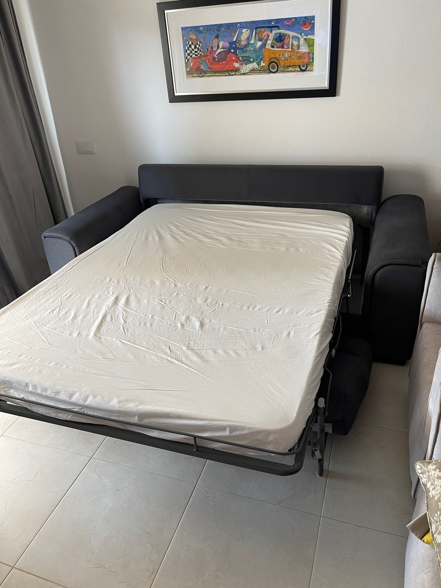 A compact room with a bed, a sofa, and a framed picture on the wall.