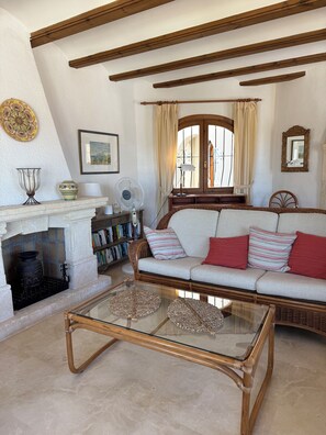Smart TV, chimenea, reproductor de DVD, libros
