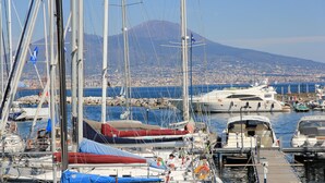 Una marina con varios veleros amarrados, un yate grande y un paisaje urbano con una montaña al fondo.