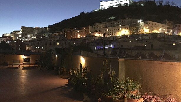 Una terraza en la azotea con plantas en macetas y vistas a un edificio histórico en una colina.