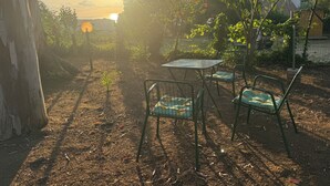 A garden patio with metal chairs and a table, surrounded by trees and plants. - Sea house, garden with a view (Tropea)