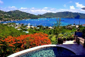 Une vue sur la côte, avec une piscine, des bateaux et une végétation luxuriante.