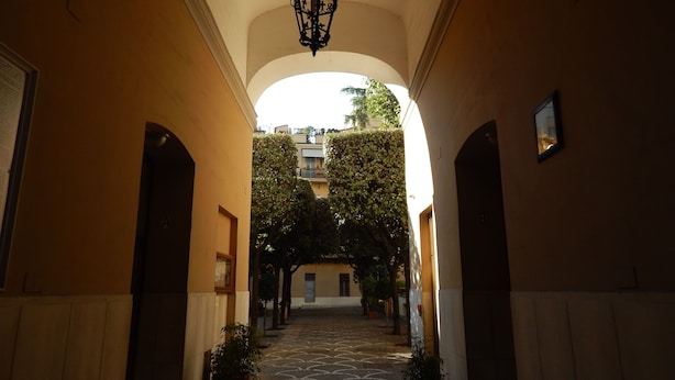 A hallway with a patterned floor, potted plants, and a hanging light fixture. - 3 beds/3 baths, 3 min. walking to the Vatican Museums, metro station, FREE WIFI (Roma)