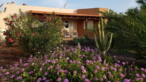 Ein Haus mit Terrasse, einem Stuhl und einem Kaktus.