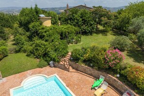 Ein Garten mit Swimmingpool, Rasenfläche und verschiedenen Bäumen und Sträuchern.