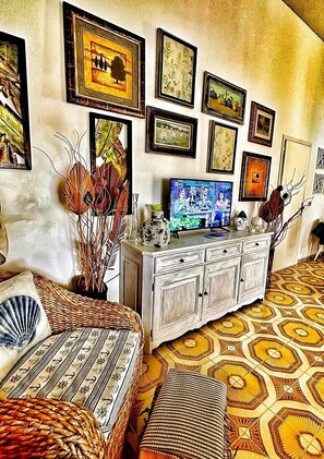 Smart TV, fireplace, books