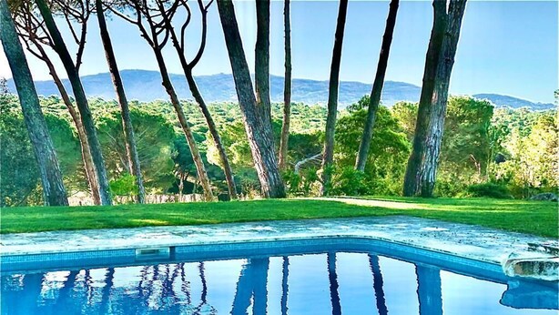 Une piscine à bord incurvé, entourée d’arbres et bordée d’une pelouse.