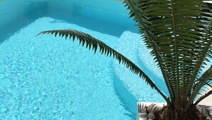 A swimming pool with clear blue water, surrounded by a white wall with decorative cutouts. There are lounge chairs and a potted plant with red flowers. - Modern Villa With Stunning Mountain Views (Mogan)