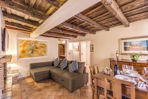 Smart TV, fireplace, books