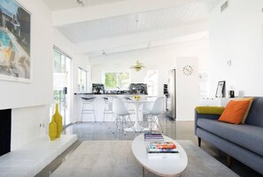 Smart TV, fireplace, books, music library