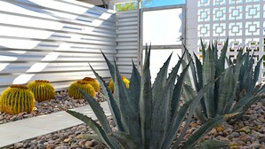 Un jardín con plantas de agave y cactus amarillos, rodeado de piedras y una cerca blanca con diseños geométricos.