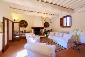 Smart TV, fireplace, DVD player, books